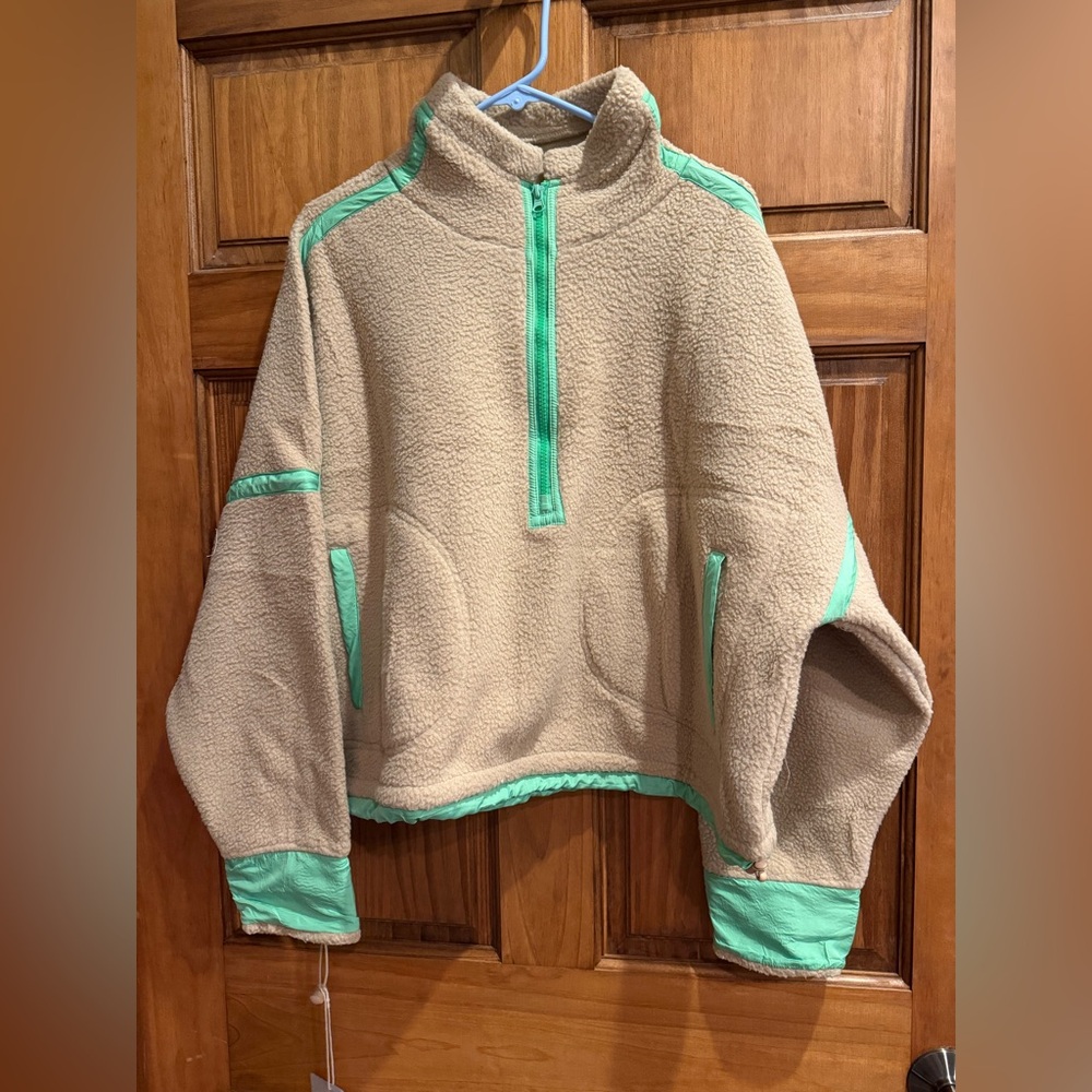 Beige and Neon Green Fleece Pullover